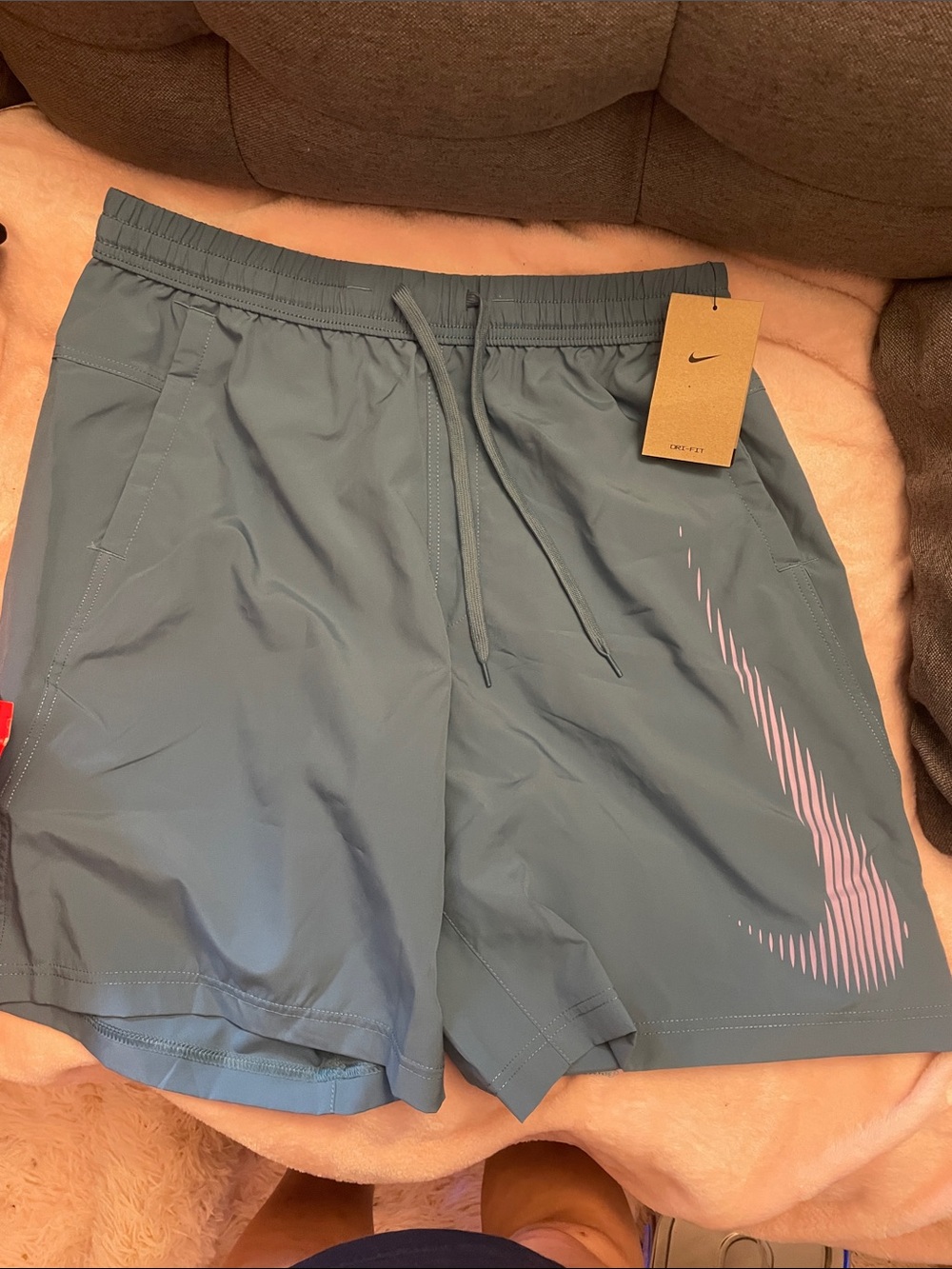 Nike Men's Medium Athletic Drawstring Shorts — Slate Blue with Pink Swoosh